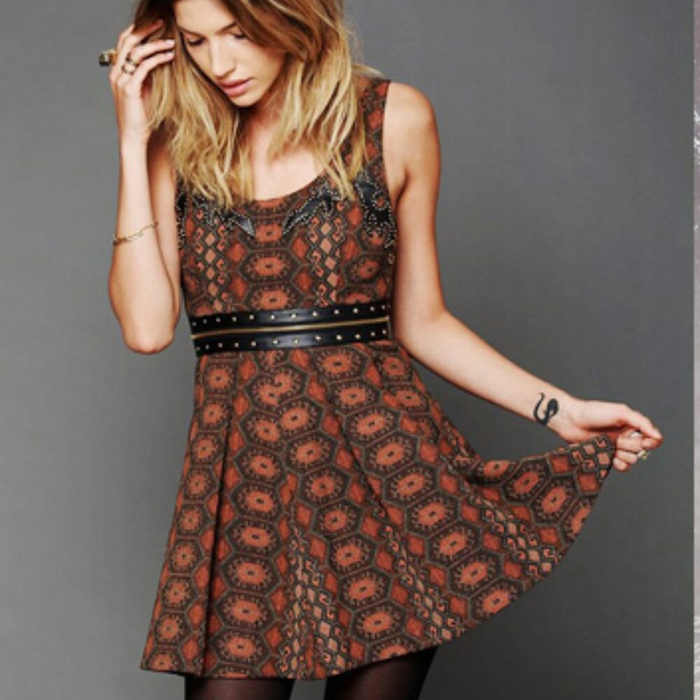 Free People New Romantics Santa Anna Fit N Flare Dress Brown Black 6 Small